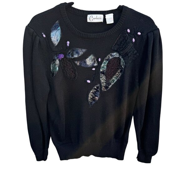 Carducci Vintage Womens Black Knit Embroidered Appliqué Pleated Sleeve Sweater S - Picture 1 of 8